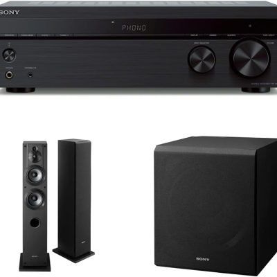 Sony STRDH190 2-ch Home Stereo Receiver with Phono Inputs & Bluetooth Black & SSCS3 3-Way Floor-Standing Speaker (Single) – Black & SACS9 10-Inch Active Subwoofer,Black